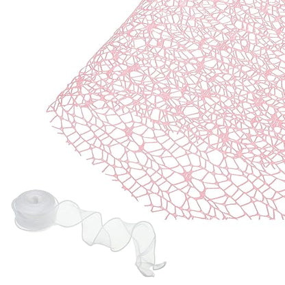 PATIKIL Flower Wrapping Mesh Paper, 15ft Floral Bouquet Craft Packaging Hollow Net Yarn with Ribbon for Flowers Gift Packaging, Pink