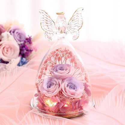 Mothers Day Mom Gifts for Women Preserved Flowers in Glass Angel Forever Flowers Gifts Eternal Roses Gifts for Grandma, PinkpurplePink