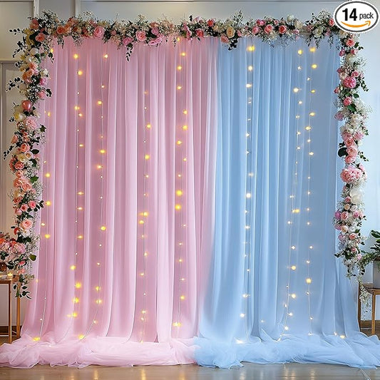 10×10ft Pink Blue Tulle Backdrop Curtain with Lights String for Parties, Sheer Photo Backdrop Curtains for Wedding Party Photography Background