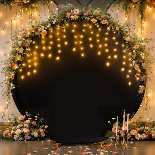 6.6 FT Black Round Backdrop Cover with Lights String for Circle Arch Stand Circle Backdrop Covers with LED Fairy Lights for Wedding Arch Baby Shower Birthday Party Photo Shoot Photography Background