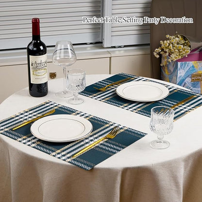 Placemats Set of 6, Washable Vinyl Place Mats Heat Resistant PVC Weave Table Mats for Dining Table Decoration Indoor/Outdoor Non-Slip Easy to Clean (Blue)