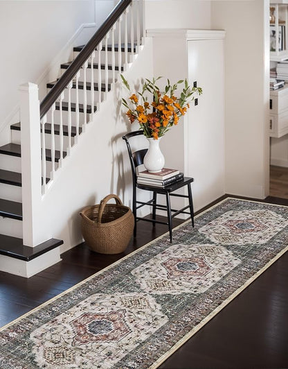 Lahome Oriental Hallway Runner Rug, 2.5x8 Kitchen Runner Non Slip Ultra-Thin, Soft Washable Hallway Rug Non Shedding Long Carpet for Entryway ‎Laundry Room Bathroom, Brown/Grey