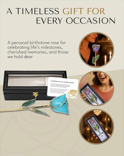 Forever Rose Hand-Dipped in 24K Gold, Aquamarine-Inspired March Birthstone with Sparkles, Real Rose in Leather Case with LED Light – Gift for Birthday or Any Occasion