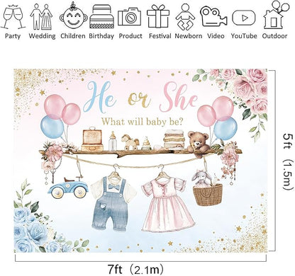 Riyidecor Gender Reveal Backdrop Polyester Fabric He or She Pink Blue What Will Baby Be Baby Shower 7Wx5H Feet Boho Watercolor Floral Flower Balloons Photography Background Newborn Photo Studio Shoot