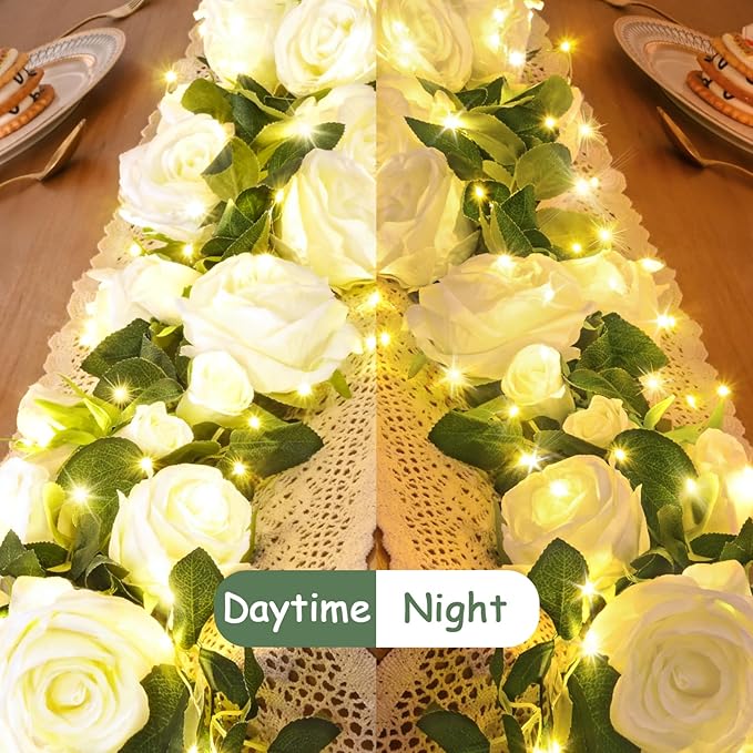 2 Pcs Flower Garland with 19.6 Ft Lights, 13.2 Ft White Floral Garland Fake Flowers for Wedding Arch Party Wall Garden Room Decor