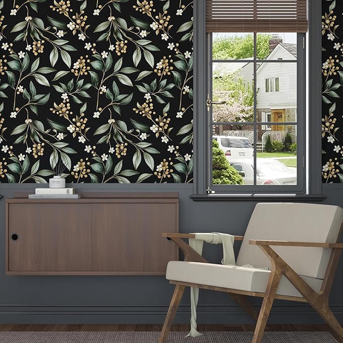 Extra Long Dark Peel and Stick Wallpaper 17.5" x 393" – Vintage Floral Green Leaf Botanical Self-Adhesive Vinyl Contact Paper for Bathroom Bedroom Kitchen Cabinet Drawer Walls PVC DIY Decor