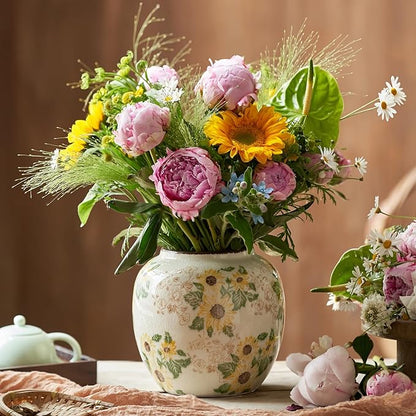 Levvohd Round Pastoral Ceramic Vase, 6.3 Inch Vintage Sunflower Yellow Floral Retro Ice Cracked Rustic Antique Flower Vases for Living Room Home Decor (Large Round)