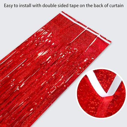 Melsan Red Tinsel Foil Fringe Curtains Backdrop, 3.2 ft x 8 ft Sparkle Tinsel Backdrop Streamers for Christmas Valentines Patriotic Birthday Party Decorations, 2 Packs