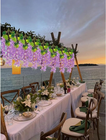 12 Pack Light Purple Wisteria Hanging Flowers Garland with Lights, 3.44 Feet Artificial Flower Vines, Fake Wisteria, Artificial Vines Hanging Garland for Backdrop Outdoor Patio Garden Decor