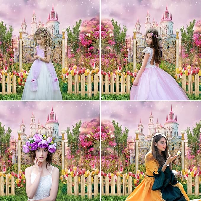 7x5ft Fantasy Castle Wonderland Backdrop Flower Garden Sweet Princess Birthday Party Photography Backdrop Girls Portrait Banner Baby Shower Kids Birthday Party Decorations