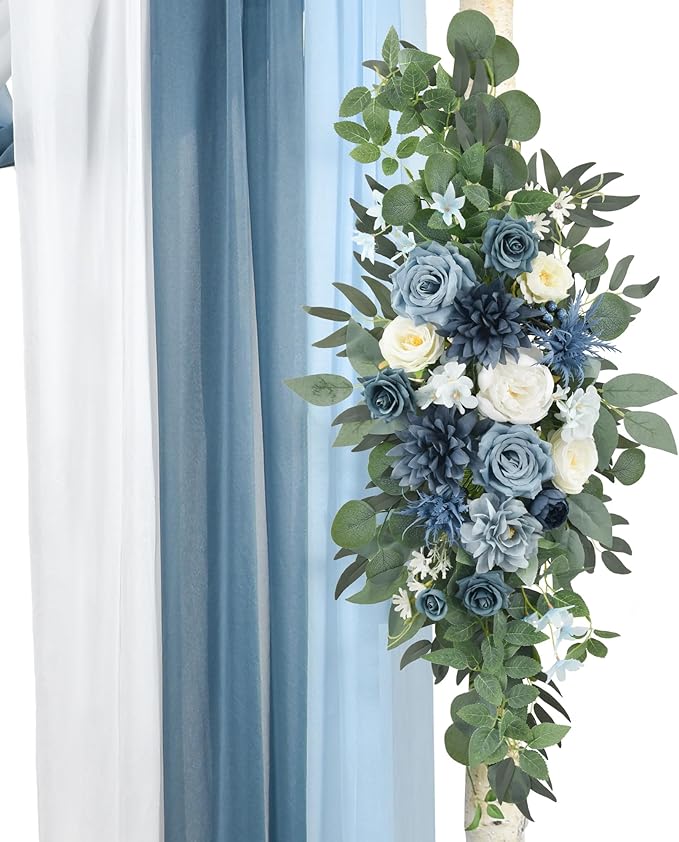 Wedding Arch Flowers Pack of 5,2pcs Large Artificial Floral Swag Arrangement and 3pcs Fabric Drap for Wedding Ceremony Arbor Reception and Backdrop Outdoor Decoration (Blue and White)