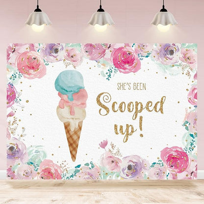 She's Been Scooped Up Backdrop Ice Cream Bridal Shower Party Pink Flowers Summer Photography Background Supplies Decorations Gift Floral Cake Table Banner Photo Booth Studio Props 7x5ft