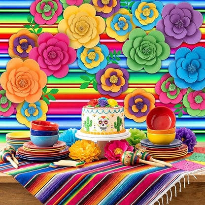 Frienda 36 Pcs DIY Paper Flower Decor Set with 83x59 Inch Custom Background Cloth and Rope, Artificial 3D Flower Wall Decor for Wall Bulletin Board Wedding Halloween Mexican Festive Party (Stripe)