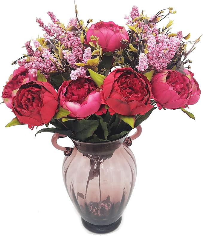 1pcs Artificial Peony Bouquet,19 Inch Silk Peony Bunch with 7 Faux Flowers,Classical Style Artificial Flowers with Leaves and Ornaments for Wedding,Home Décor Centerpieces(Red)