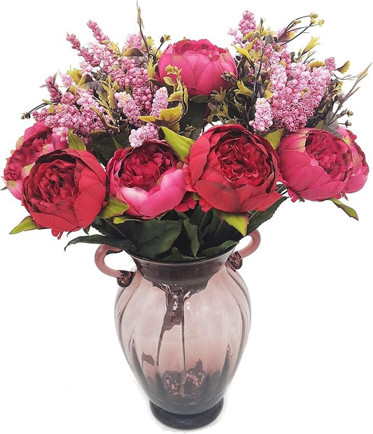 1pcs Artificial Peony Bouquet,19 Inch Silk Peony Bunch with 7 Faux Flowers,Classical Style Artificial Flowers with Leaves and Ornaments for Wedding,Home Décor Centerpieces(Red)