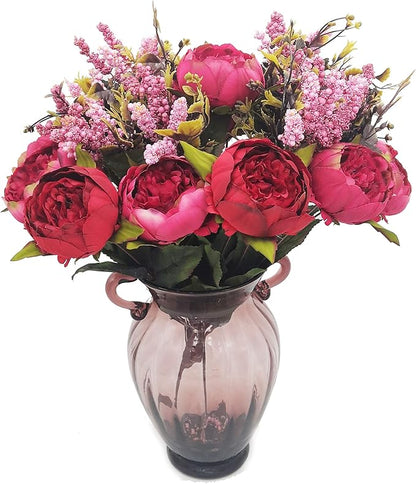 2pcs Artificial Peony Bouquets,19 Inch Silk Peony Bunch with 7 Faux Flowers,Classical Style Artificial Flowers with Leaves and Ornaments for Wedding,Home Décor Centerpieces(Red)