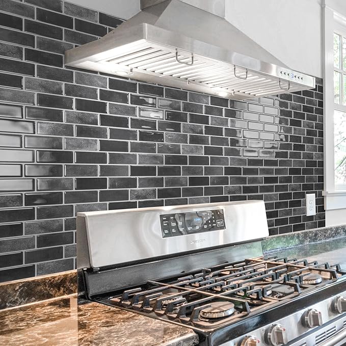 Art3d 10-Sheet Kitchen Backsplash Tiles Peel and Stick, Self Adhesive Wall Tile Sticker for Kitchen Island Bathroom Laundry Room RV Renter 12" x 12" - Smoky Black
