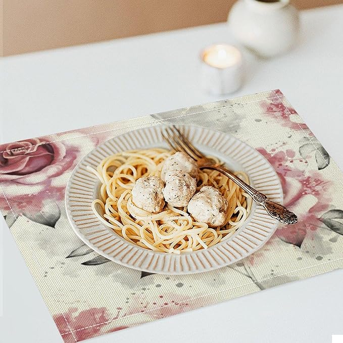 Rose Placemats Set of 4, 17x12 Inch Vintage Romantic Floral Pink Rose Gray Leaf White Table Mats for Home Party Kitchen Dining Decor