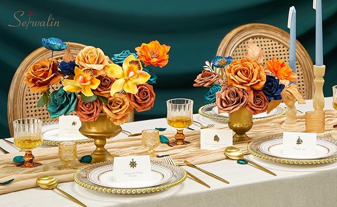 Serwalin Teal Burnt Orange Artificial Flowers, Fake Silk Cake Flowers for DIY Wedding Bridal Bouquet Centerpieces Floral Arrangement Decor Party Baby Shower Fall Home Decor