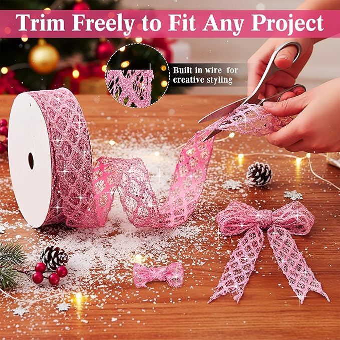 Geosar 20 Yards Pink Glitter Mesh Wired Ribbon for Christmas Tree Decorations, Gift Wrapping, DIY Craft, Xmas Wreaths, Cabinet Decor (1.5 Inch)
