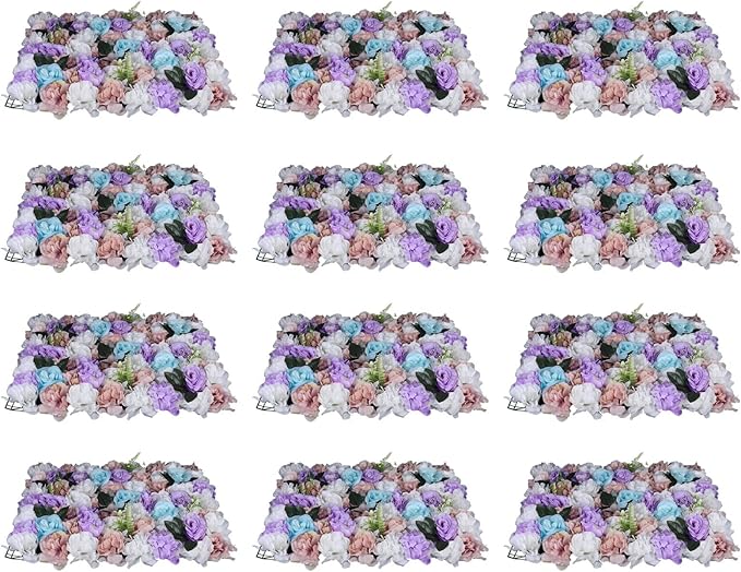 LOYALHEARTDY 12 Pack Artificial Flower Wall Panels 24" x 16" Purple & White Faux Roses Artificial Flower Backdrop Panels for Wedding Party Event Flower Wall Decor