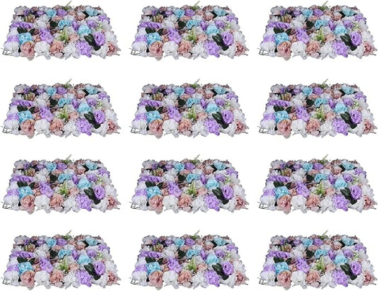 LOYALHEARTDY 12 Pack Artificial Flower Wall Panels 24" x 16" Purple & White Faux Roses Artificial Flower Backdrop Panels for Wedding Party Event Flower Wall Decor