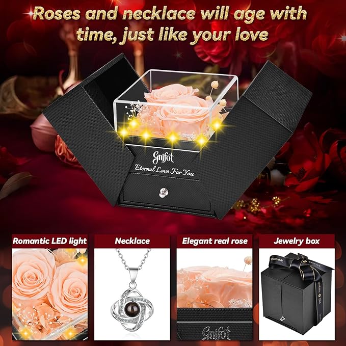 2 Preserved Rose Gift for Women - Eternal Rose with I Love You Necklace - Romantic Birthday Gifts for Girlfriend Mom Her Wife Grandma on Valentines Mothers Day Anniversary Christmas-Red Champagne