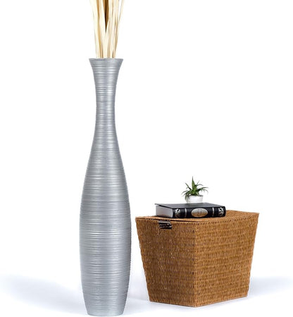 Leewadee Large Silver Home Decor Floor Vase - Wooden 41 inch Tall Farmhouse Decor Flower Holder for Fake Plant and Pampas Grass