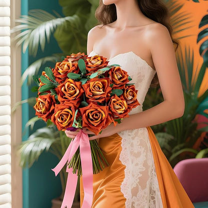 Fake Roses Faux Flowers Silk Roses Artificial Roses with Stems Realistic Artificial Flowers 16.5In Suitable for Indoor Home Decoration DIY Bouquet Wedding Decor Party Decor (Orange) 12PCS