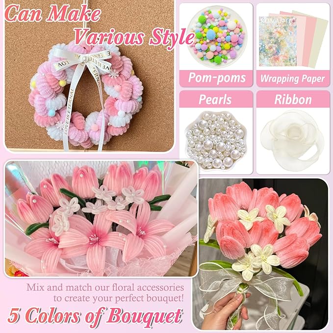 Erosign 500 Pcs All-in-One Pipe Cleaner Flower Making Kit - Complete DIY Craft Set for Kids & Adults | Includes Chenille Stems, Wires, Tape, Stamens, Ribbon, Beads, Pom Poms, Paper, Glue | (Pink)