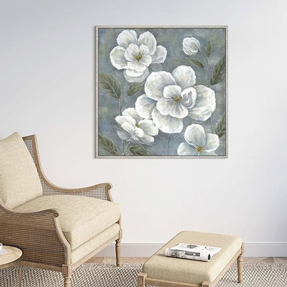 Floral Framed Canvas Wall Art - Vintage Blooming Gray Flowers Painting Abstract White Botanical Picture Modern Prints Artwork for Living Room