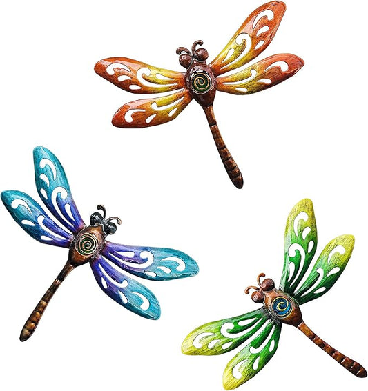 Dragonfly Wall Art Decor, Metal Indoor Outdoor Fence Outside Christmas Decorations for Living Room Bedroom, 9 Inch 3 Pack, Hand-made Vibrant Ornament Sculpture for Patio Balcony