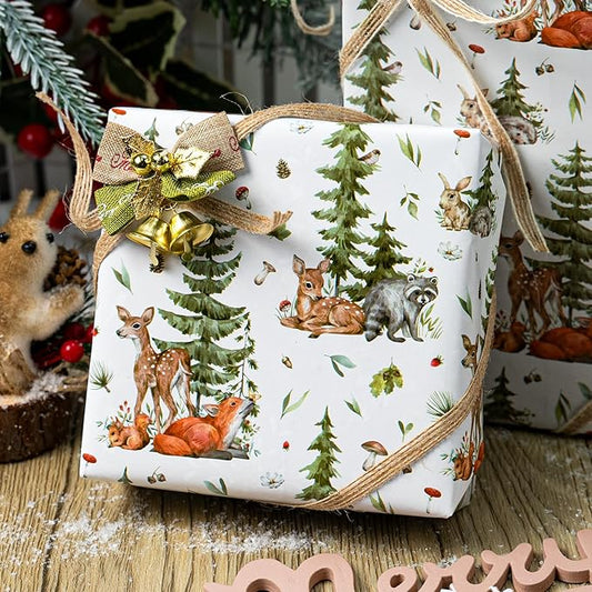 MAYPLUSS Christmas Wrapping Paper Roll - 17 In x 33 Feet - Cute Watercolor Christmas Tree Reindeer Rabbit Squirrel Gift Wrap Paper for New Year, Holiday, Kids
