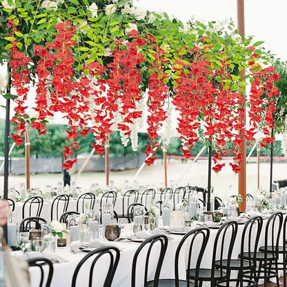 24 Pack Artificial Fake Wisteria Vine Ratta (3.75 Feet) Hanging Garland Silk Flowers String Home Party Wedding Decor (Red)