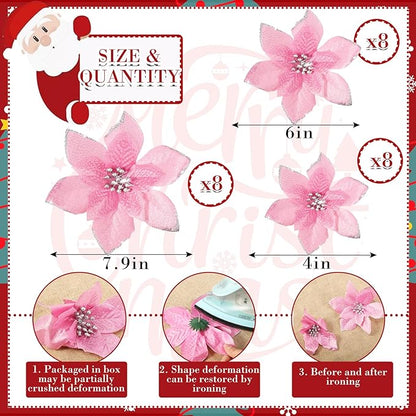 WILLBOND 24 Pcs 3 Size Poinsettia Flower Artificial Christmas Decor Glitter Poinsettia Christmas Ornaments Faux Flowers for Xmas Tree Outdoor(4/6/7.9 Inches,Pink)