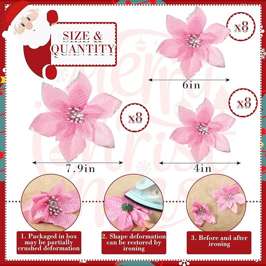 WILLBOND 24 Pcs 3 Size Poinsettia Flower Artificial Christmas Decor Glitter Poinsettia Christmas Ornaments Faux Flowers for Xmas Tree Outdoor(4/6/7.9 Inches,Pink)