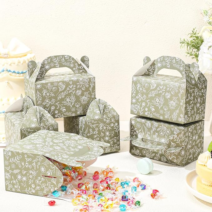 Dunzoom 24 Pack Green Floral Paper Gift Boxes Party Favor Gift Gable Boxes with Chinoiserie Floral Printed Candy Treat Box for Wedding Birthday Tea Bridal Shower Party