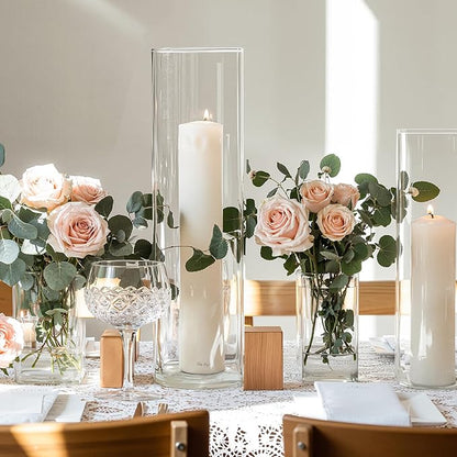 3 PCS Modern Square Glass Cylinder Vases Set (6/8/10 Inch) – Elegant Bud Vases, Floating Candle Holders & Wedding Centerpiece Displays for Home Decor, Holidays, Housewarming Gifts