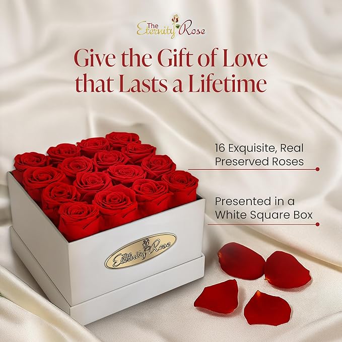 The Eternity Rose 16-Piece Preserved Roses in a Luxury Gift Box – Real Roses in Square White Box – A Valentine’s Gift as Everlasting as Your Love