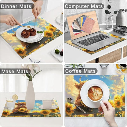 Cute Highland Cow Placemats Set of 4 Washable Table Mats Summer Yellow Sunflower Heat-Resistant Cotton Linen Place Mats for Dining Table Kitchen Indoor Outdoor Party Holiday Decor