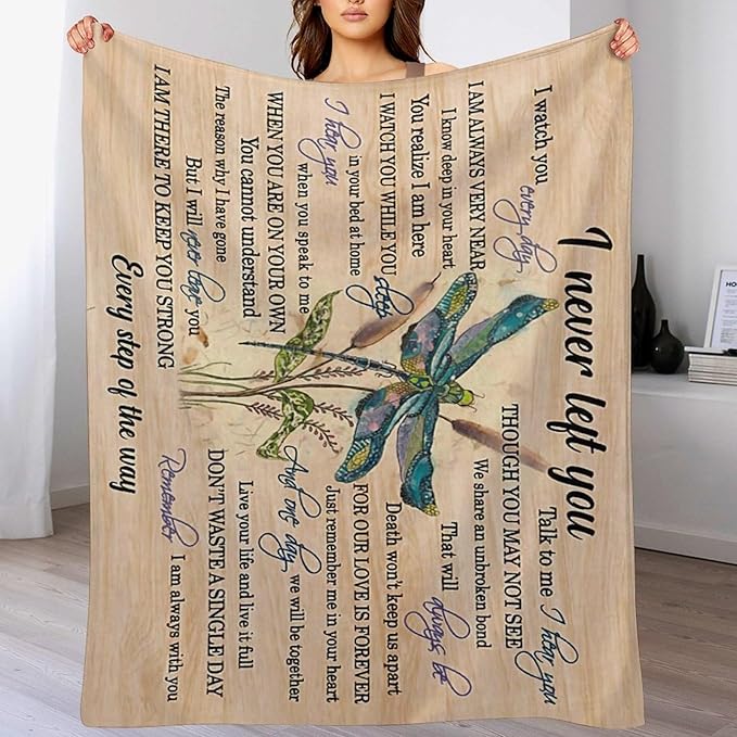 Dragonfly Blanket Memorial Sympathy Gifts for Girls Women Loved One I Never Left You Throw Blanket for Kids Adults Soft Warm Cozy Fleece Blanket for Couch Sofa Bed 40"x50"