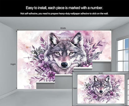 Wolf with Floral Watercolor Wall Mural, Purple Wolf Watercolor Art 3D Wall Murals, Art Flower Painting Wallpaper Mural, for Living Room Bedroom Large Wallpaper Indoor Decor 169.3" W x118.2 H