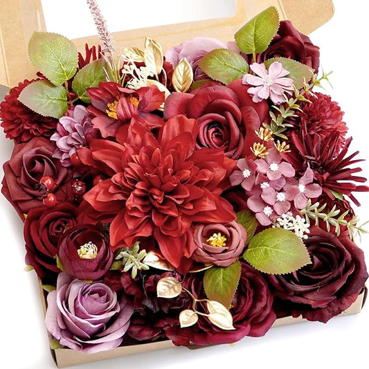 Burgundy Artificial Flowers Combo Box Wedding Decor,Fake Flowers,Flowers for Decoration,Silk Flowers for Home Decor Indoor,Cake Flowers,Faux Flowers for Crafts