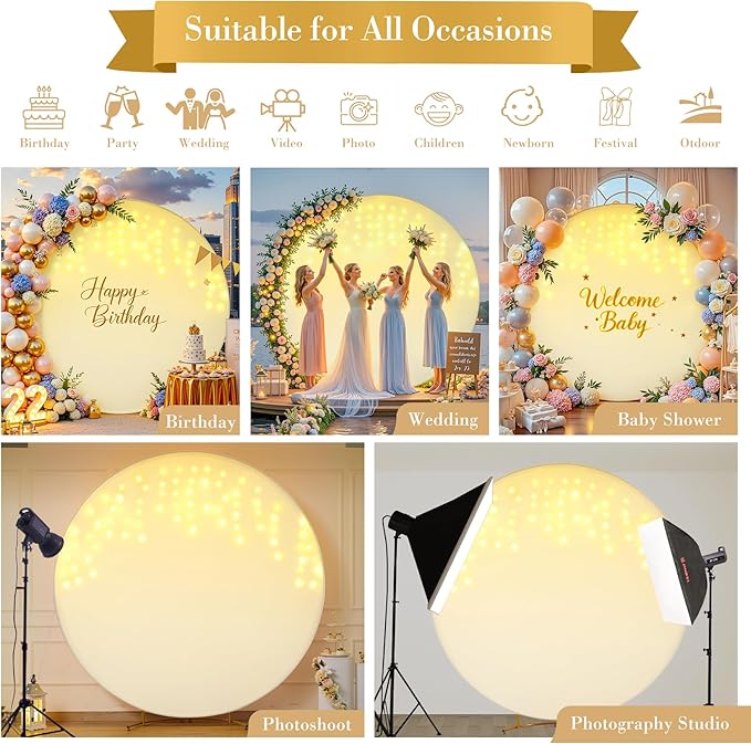 6.6 FT Beige Round Backdrop Cover with Lights String for Circle Arch Stand Circle Backdrop Covers with LED Fairy Lights for Wedding Arch Bridal Baby Shower Birthday Party Photo Photography Background