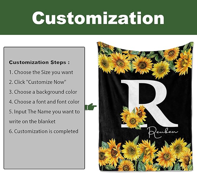 Jekeno Personalized Sunflower Blanket Custom Throw Blanket with Your Name Soft Warm Lightweight for Adults Women Gift 60"x80"