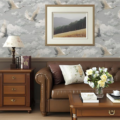 Peel and Stick Vintage Chinoiserie Animal Contact Paper Removable Grey Crane Wallpaper 17.7" x 118.11" Wall Paper Watercolor Self Adhesive for Classroom Bedroom Laundry Room Bathroom