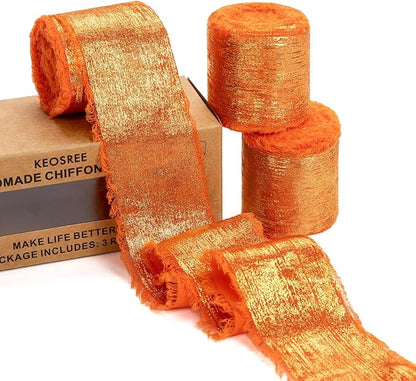 Orange Silk Chiffon Ribbon,Terracotta Frayed Shimmery Silk Ribbon for Bridal Flower Bouquet Christmas Gift Wrapping Wedding Decor Invitations Decorations 1.5" x 15 Yards (5Yards X 3 Rolls)
