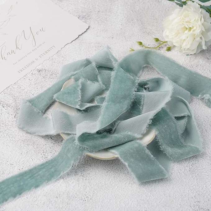 Dusty Blue Silk Velvet Ribbon 1.5 Inch French Blue Frayed Edge Ribbon Blue Rustic Style Fringe Gift Raw Edge Boho Velvet for Wedding Invitation Bridal Bouquet -3yards