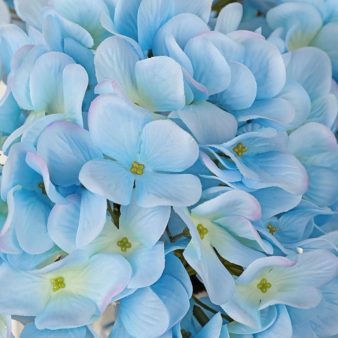 Hollyone Light Blue Silk Hydrangea Artificial Flowers Heads 7.4inch Large Fake Hydrangea 4Pcs Full Faux Flowers with Stems for Wedding Party Table Centerpieces Flower Arrangement Home Decor