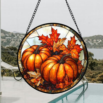 Stained Glass Window Hanging, Pumpkin Maple Leaf Suncatcher for Doors Home Sun Catchers Decoration and Christmas, Mother's Day Birthday Gifts for Women, Men, and Mom 15x15 in